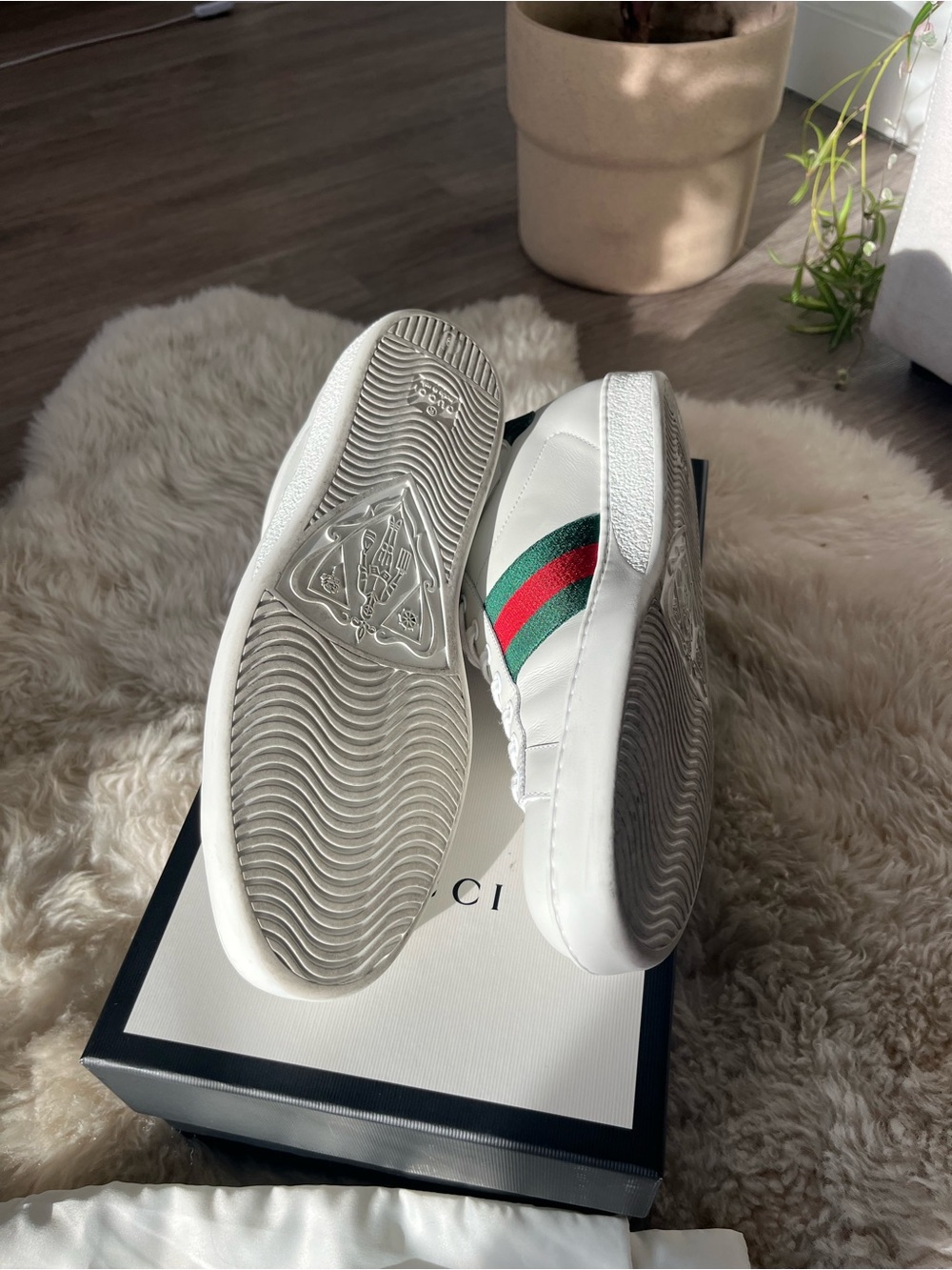 Gucci White Leather Low-Top Sneakers with Green and Red Web Stripe - Picture 3 of 6